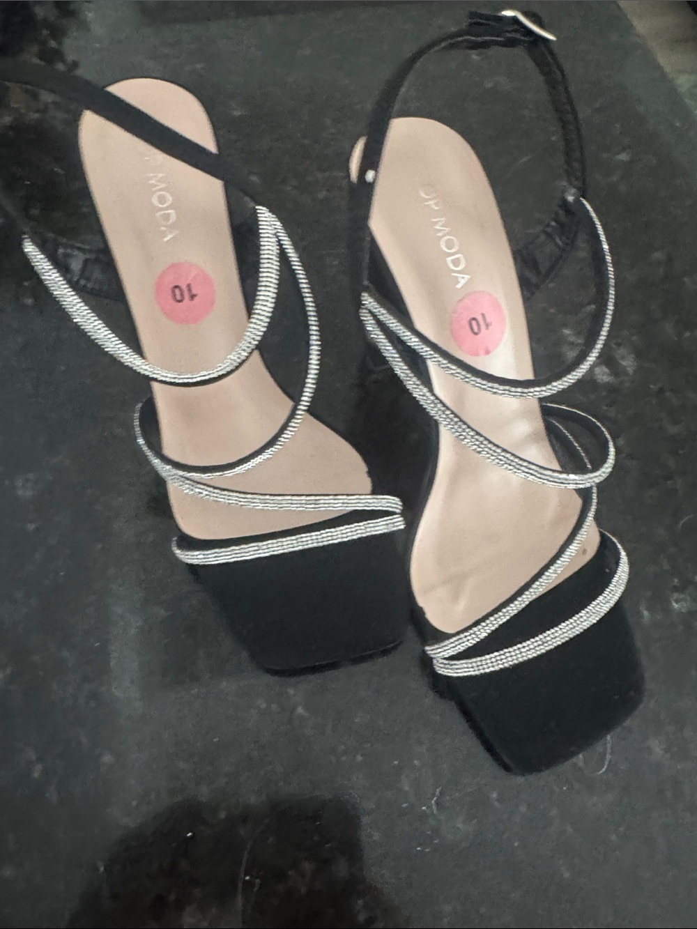 Moda Black Strappy Heeled Sandals with Silver Rope Detail